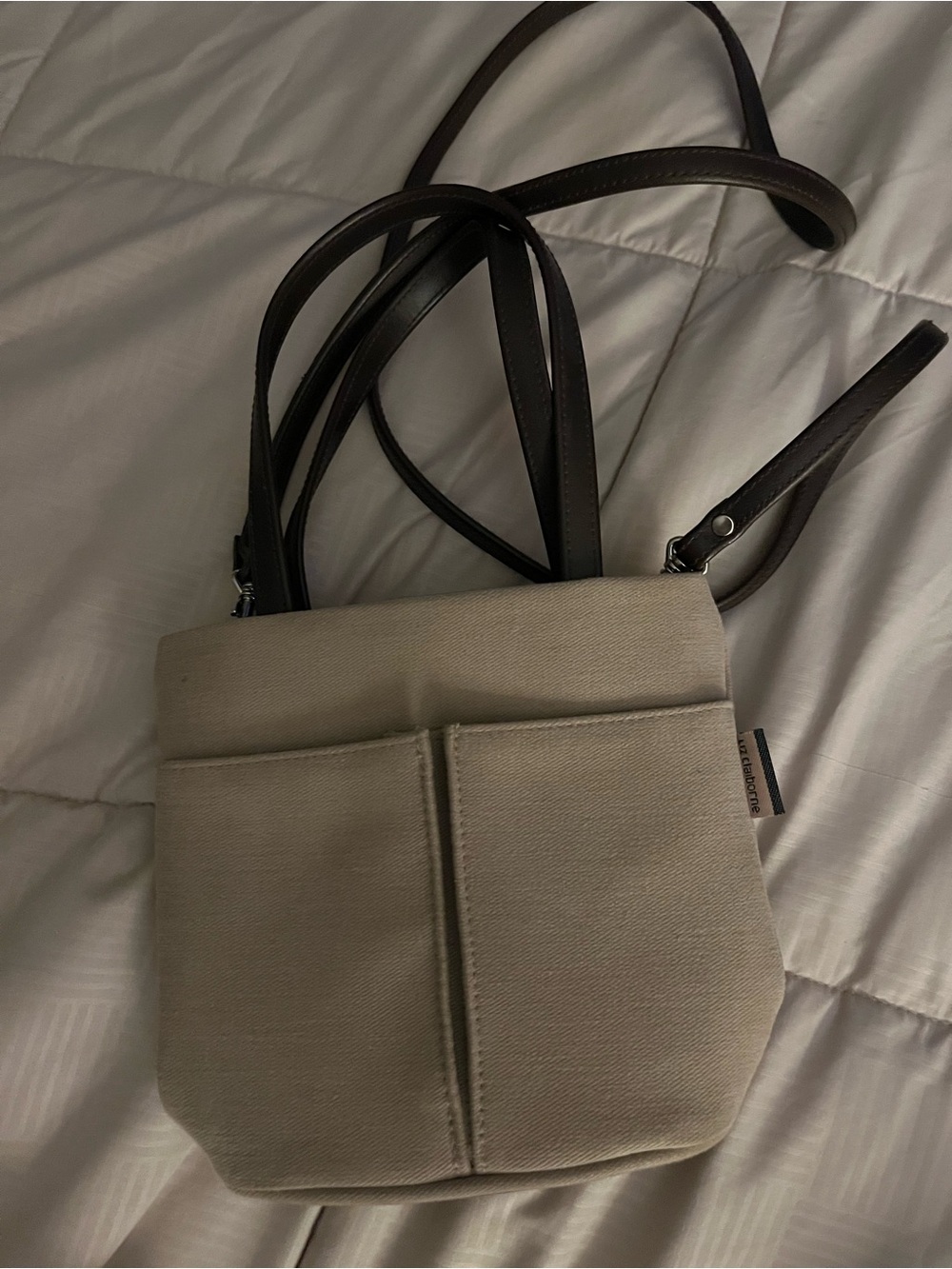 Liz Claiborne Beige Canvas Crossbody with Dark Brown Straps